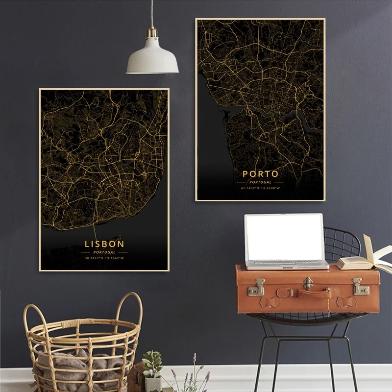 

Porto Lisbon Portugal City Map Gold Map Canvas Art Print Wall Pictures for Living Room No Frame