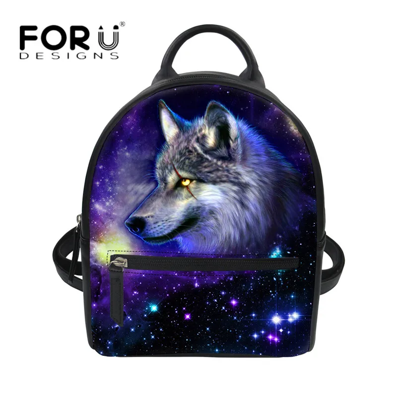 FORUDESIGNS Cool Galaxy Wolf Tiger Print Girls Leather Mini Backpack Casual Multifunction Top