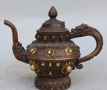 

10" Marked Chinese Tibet Bronze Gilt Eight treasures Dragon Head flagon Wine pot