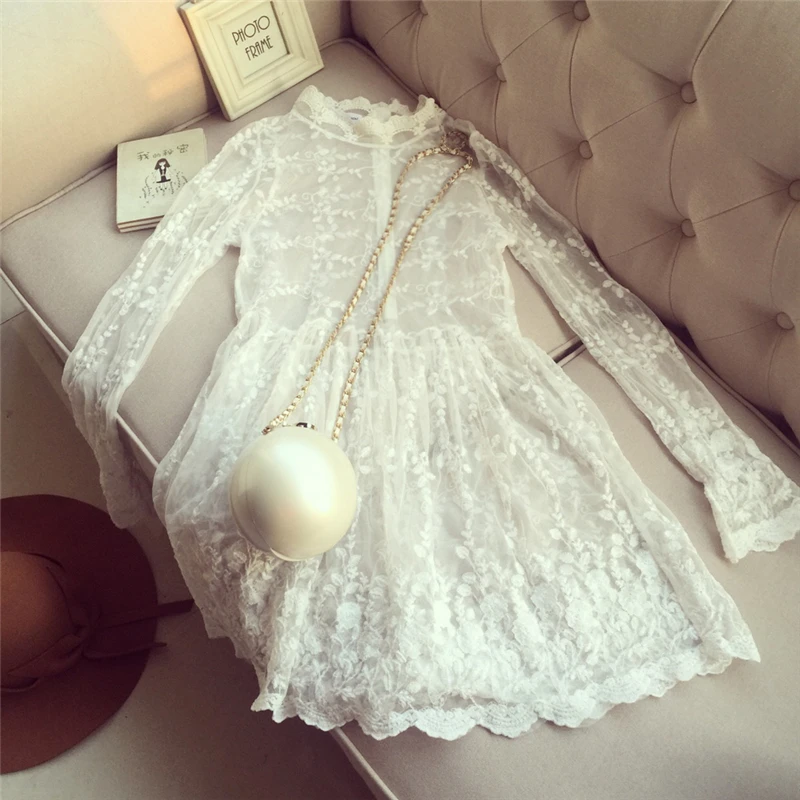 

Spring Autumn Women Lace Embroidery Dress Ladies Casual Elegant Sexy Hollow Out Transparent Mesh Mini Base Dresses Vestidos 410