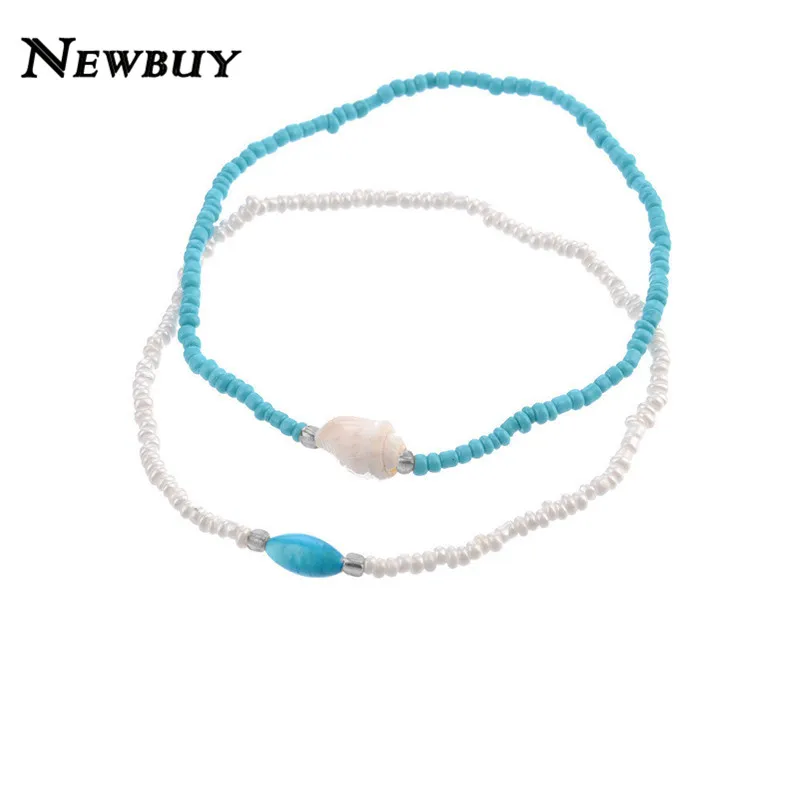 NEWBUY 2pcs/Set Blue/White Color Beads Ankle Bracelet Hot Sale Natural Shell Anklets For Women Bohemian Jewelry Wholesale