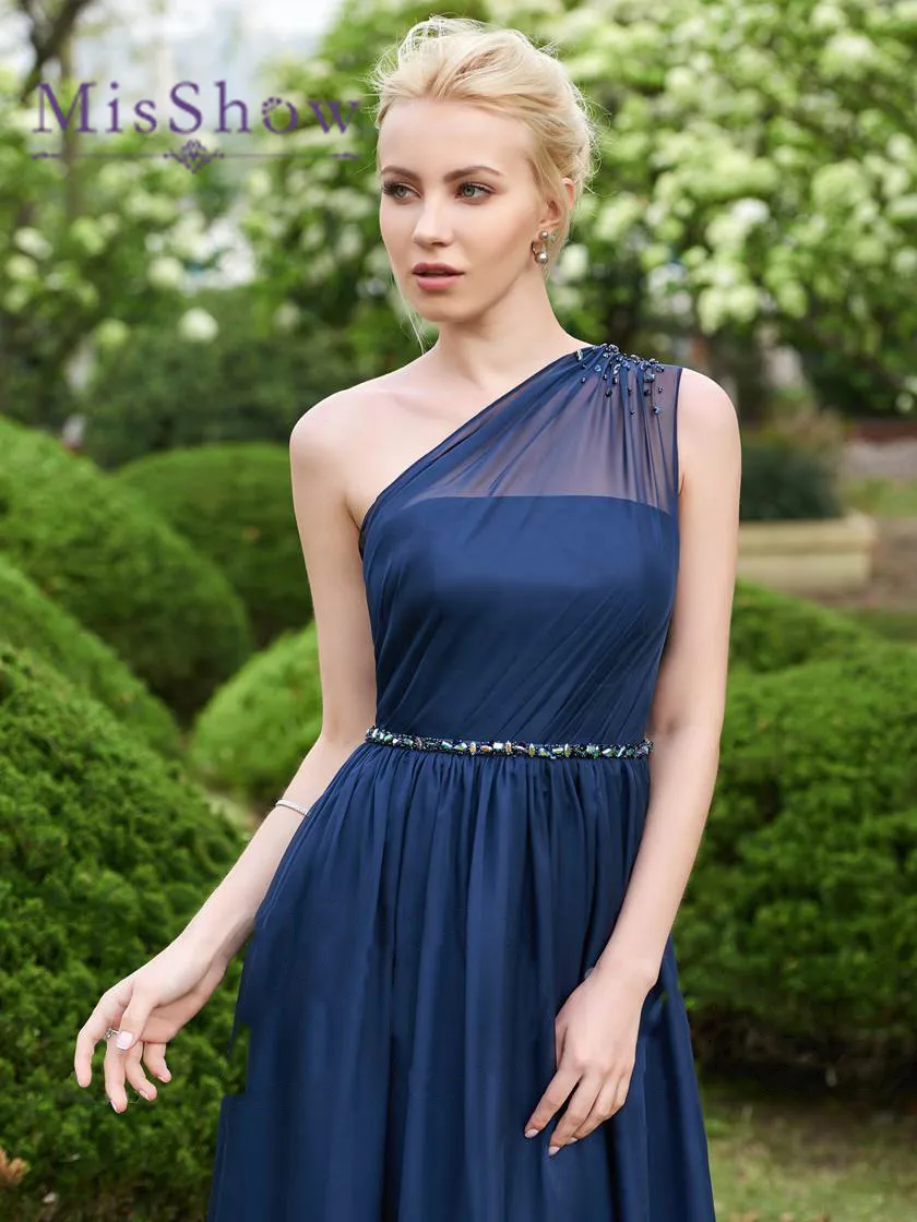 

2018 Ruched Navy Blue Long Bridesmaid Dress One Shoulder Chiffon Wedding Party Dresses robe demoiselle d'honneur