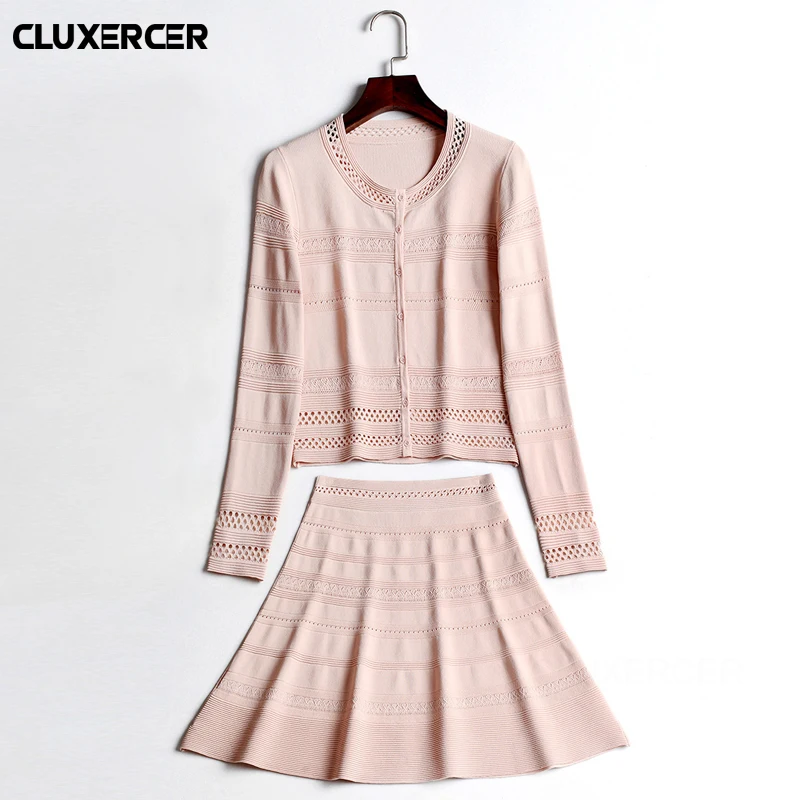 Women Knitted 2 piece set Skirt and Top Set 2018 New Spring Long Sleeve