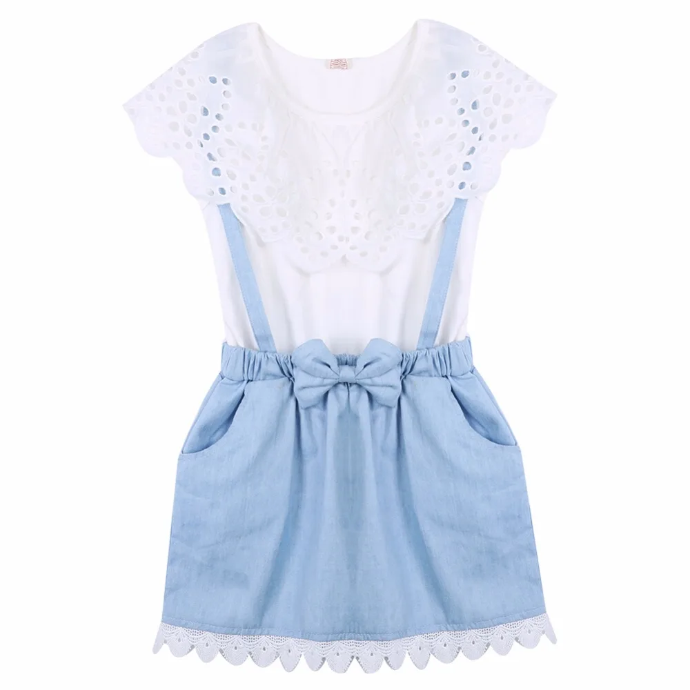 

New Fashion Girls cowboy Short sleeve Bow cotton dress baby Girls Summer clothes kids girls Ball Cute dress 2 3 4 5 6 7 Years