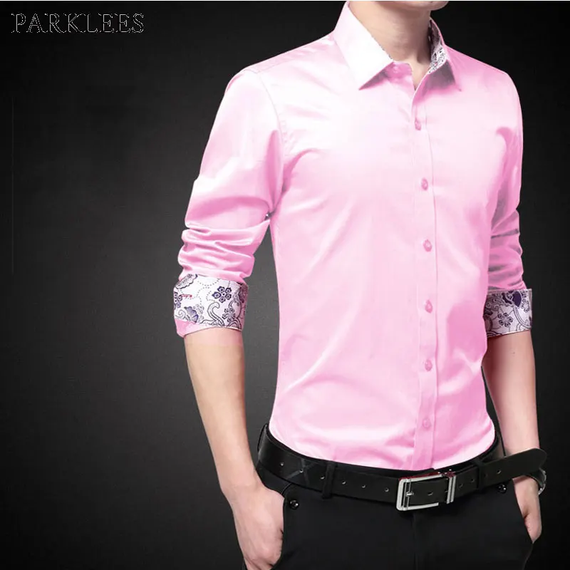 Brand Pink 100% Cotton Shirt For Men Business Office Work Dress Shirts Mens Slim Fit Long Sleeve Chemise Patchwork Floral Camisa