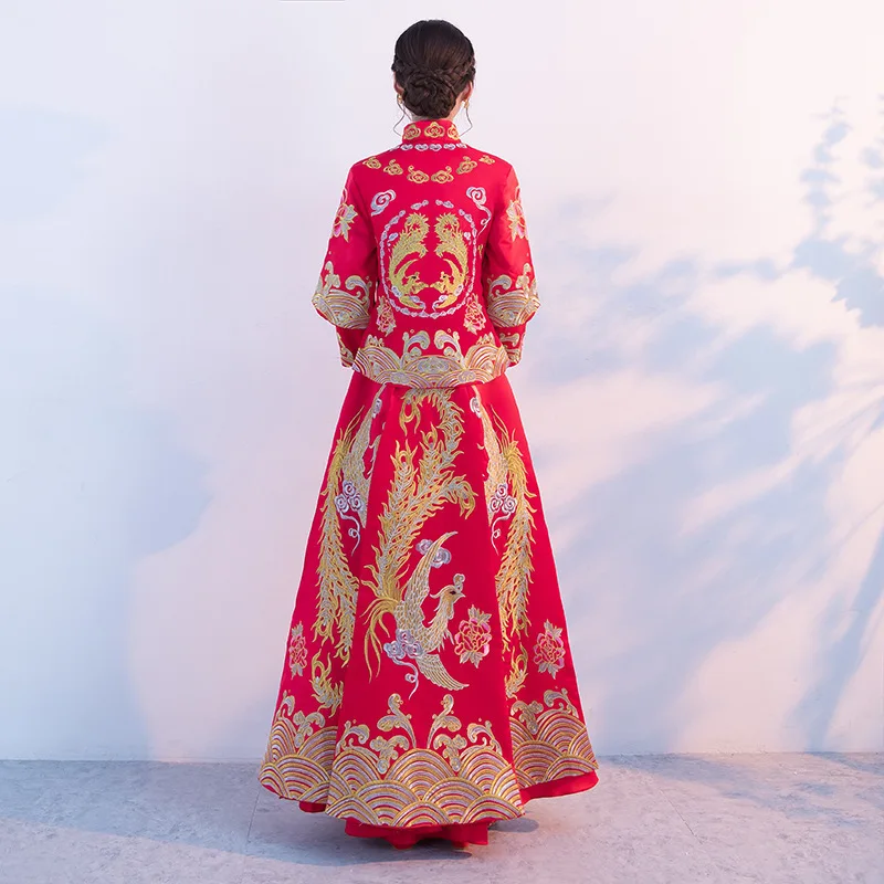 Красное Восточное женское свадебное платье оверсайз с вышивкой Феникс традиционный ченсам азиатская Невеста Ципао свадебный подарок