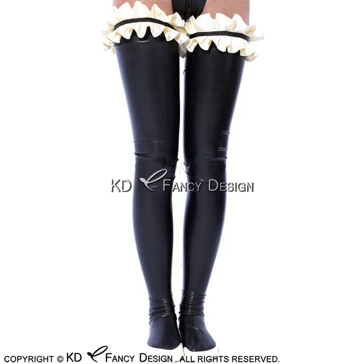 

Black With White Sexy Long Latex Stockings With Ruffles On Top Rubber Thigh high stockings WZ-0025