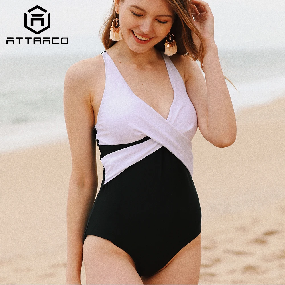 Attraco Для женщин Цельный лоскутное перевязанной V шеи спинки крест с цветными блоками купальный костюм Пляжная Монокини Бикини