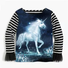 Красивые детские блузки в полоску с длинными рукавами детская одежда для девочек милые рубашки с изображением единорога из сетчатой пряжи блузки принцессы