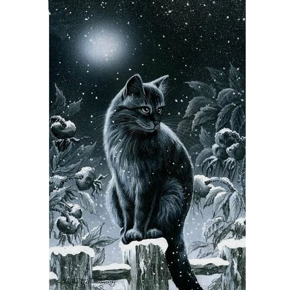 Diamond Painting Cross Stitch Kit for Living Room Animal Embroidery Black Cat 5D DIY Needlework Set