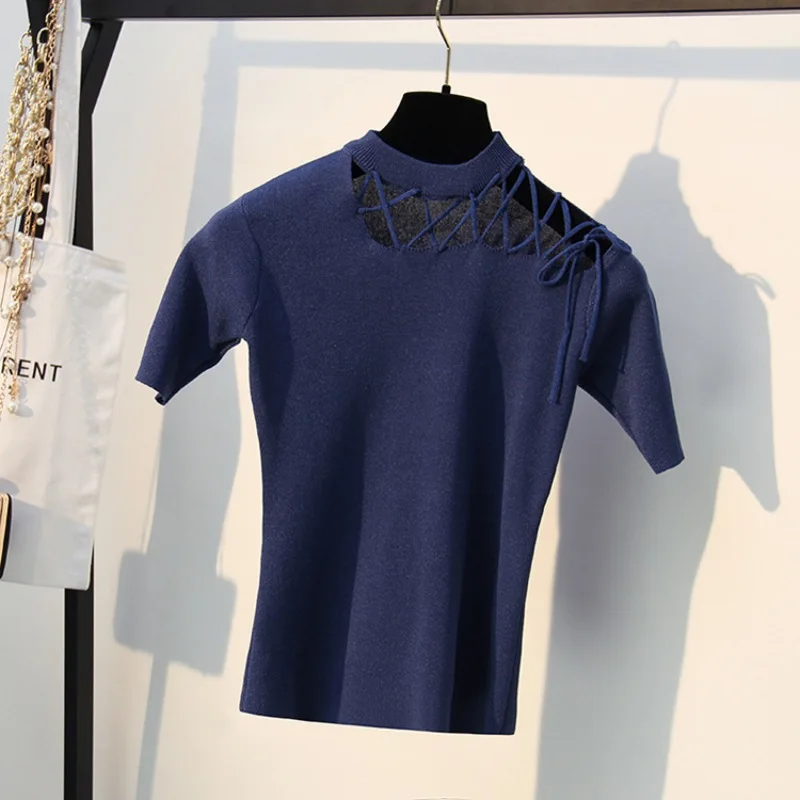 Летняя женская футболка с асимметричным воротником, вязанная футболка с короткими рукавами, высокая эластичность, дышащий Топ, футболка
