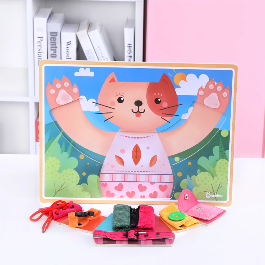 Early Basic Life Skills Toys Montessori Learn to Dress Cat Boards Puzzle  Zip Snap Button Lace Tie Educational Baby Toddlers Toy