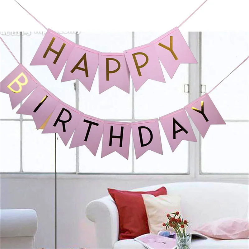 

Pastel Pink Happy Birthday Banner Garland Hanging Gold Letters Photo Props Bunting Garland Wedding Decoration Party Event