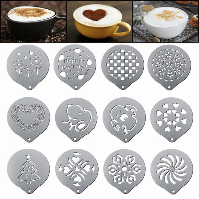 Cheap Stainless Steel Coffee Spray Tools Pattern Stencil Template Barista Cappuccino Latte Embossing Mold Coffee Milk Cake Accessories