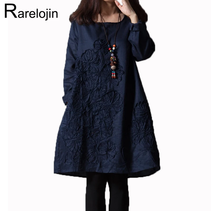 

Summer Autumn dress 2019 new fashion Korean plus size cotton embroidered loose O-neck robe femme midi dress women dress clothes