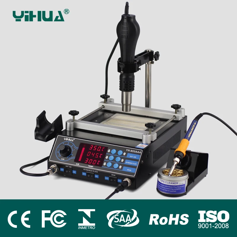 

YIHUA 853AAA 3 Functions in 1 Bga Rework Station 650W SMD Hot Air Gun+ 60W Soldering Irons +500W Preheating Station Welding tool