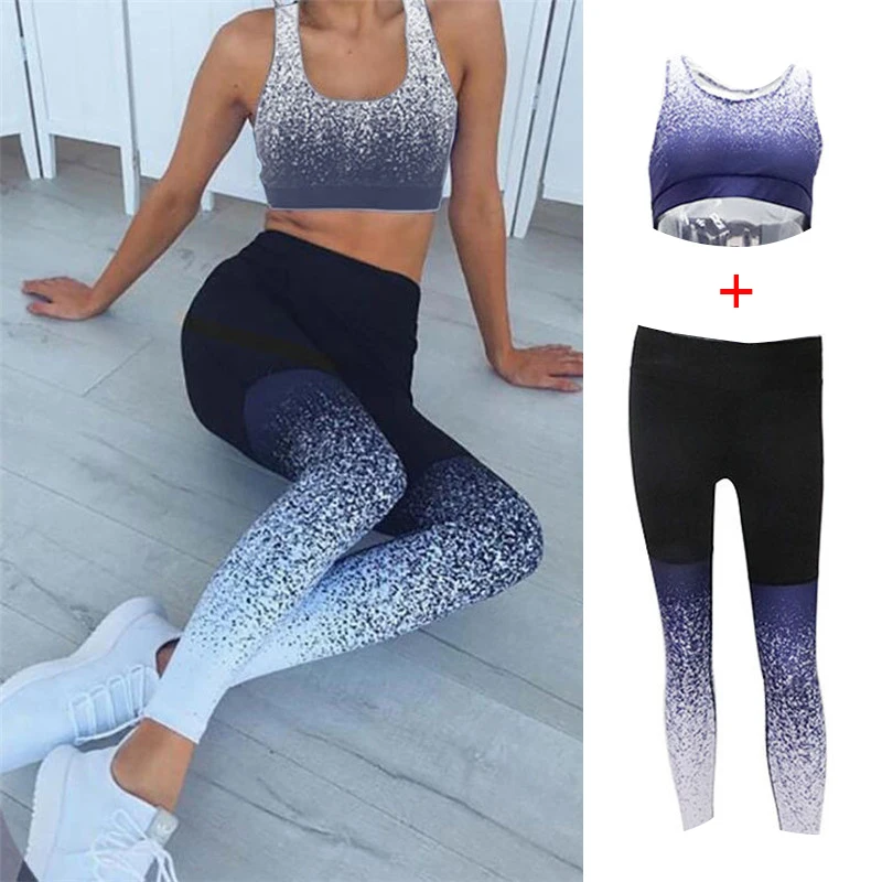 

2Pcs/set Women Yoga Suits Gradient Star Digital Printed Stretch Yoga Hip High Waist Leggings Running Fitness Sportsuit
