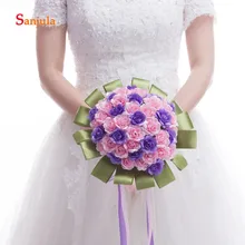 Розового и фиолетового цветов розы ручной работы Свадебный букет с зеленые ленты искусственный букет цветов невесты ramo de novia boda WB10