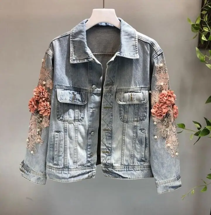 Осеннее женское вышитое объемное цветочное короткое джинсовое пальто с бусинами и жемчужинами женская джинсовая куртка с длинными рукавами Женское пальто