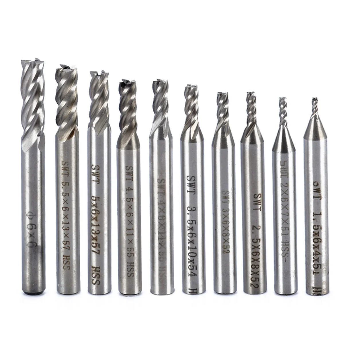 10pcs/Set HSS 4 Flutes End Mill Straight Shank CNC Cutting Bits 1.5-6mm Woodworking Milling Cutters Kit