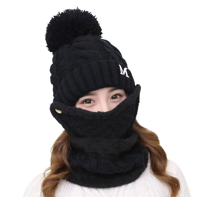 Hat Female Mask Scarf Warm Womens Beanie Winter Hat Scarf Masks Ear Set