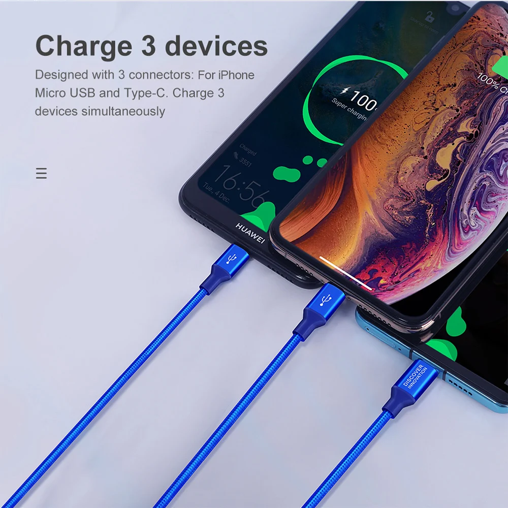 NILLKIN для iPhone зарядный кабель+ Micro USB+ type C 5 В/3 А Быстрая зарядка для Xiaomi 9 для samsung S10 для huawei mate 20 Pro