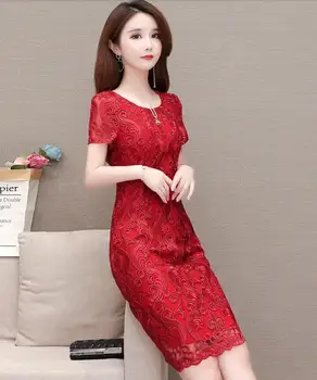 

Casual Women Summer Dress Noble 2019 New Women Fashion Mid-Length Slim Red Cheongsam Style Party Dresses