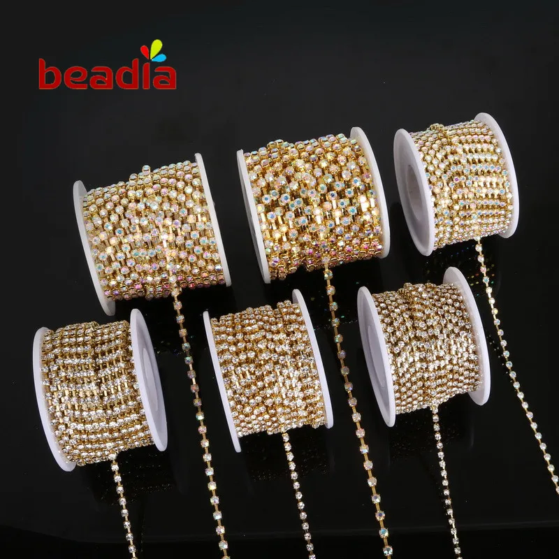 

Hot! Rhinestone Chain SS6-SS18 Crystal AB Color Gold Base New Style For Diy Beauty Dress Craft Apparel Sew On Accessoires