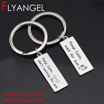 

FLYANGEL 2pc Lover Keychain Engraved Keyring Jewelry Keep Calm Wait For Him Cute Bag Charm Boyfriend Girlfriend Gifts