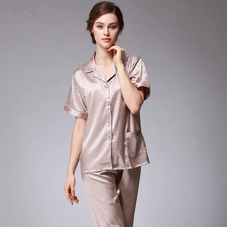 

Fashion Women Pajamas Spring Summer 2017 Brand Ladies Satin Pijama Short Sleeve Silk Pajamas Sets Elegant Leopard Sleepwear Sets