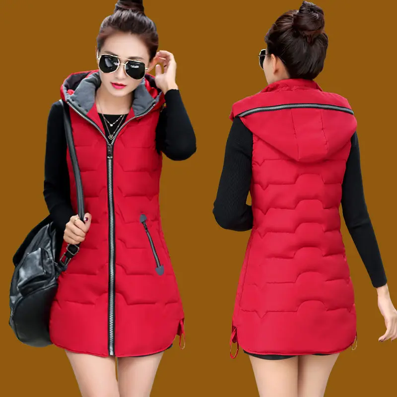 Осенне-зимний жилет женский жилет Женская куртка без рукавов с капюшоном теплая длинная куртка-жилет Colete Feminino размера плюс 5XL C3727 - Цвет: red