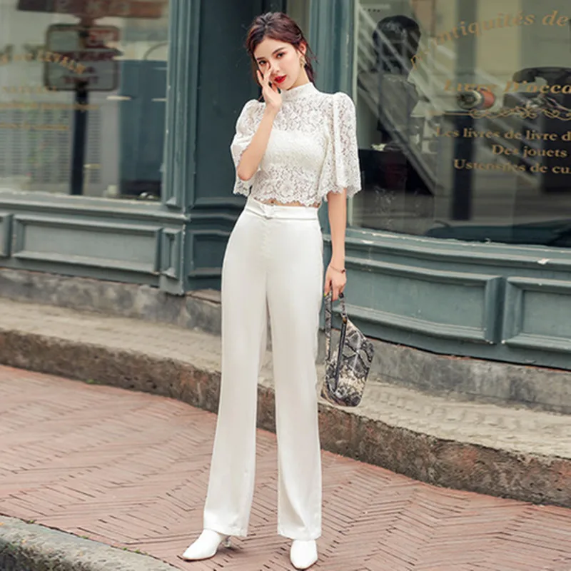 2019 модный осенний деловой Женский комплект из 2 предметов, Кружевной Галстук-бабочка, блузка с коротким рукавом + белые костюмы на высокой