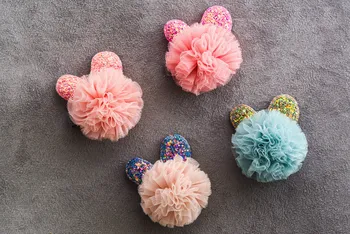 

Boutique 20pcs Fashion Cute Glitter Rabbit Ears Hairpins Solid Gauze Pom Pom Bow Hair Clips Princess Headwear Hair Accessories