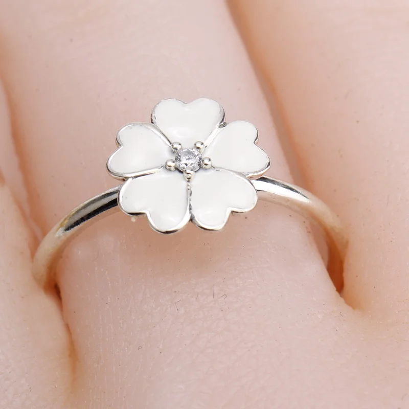 Women 925 Sterling Silver Flower Ring Enamel with Clear Zircon Stone