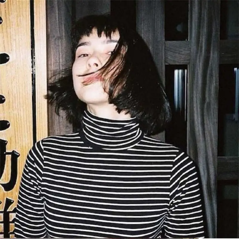 

Women's T-shirts Japan Harajuku Ladies Vintage Slim Thin Striped Turtleneck Shirt T-shirt Female Korean Kawaii Tops For Women