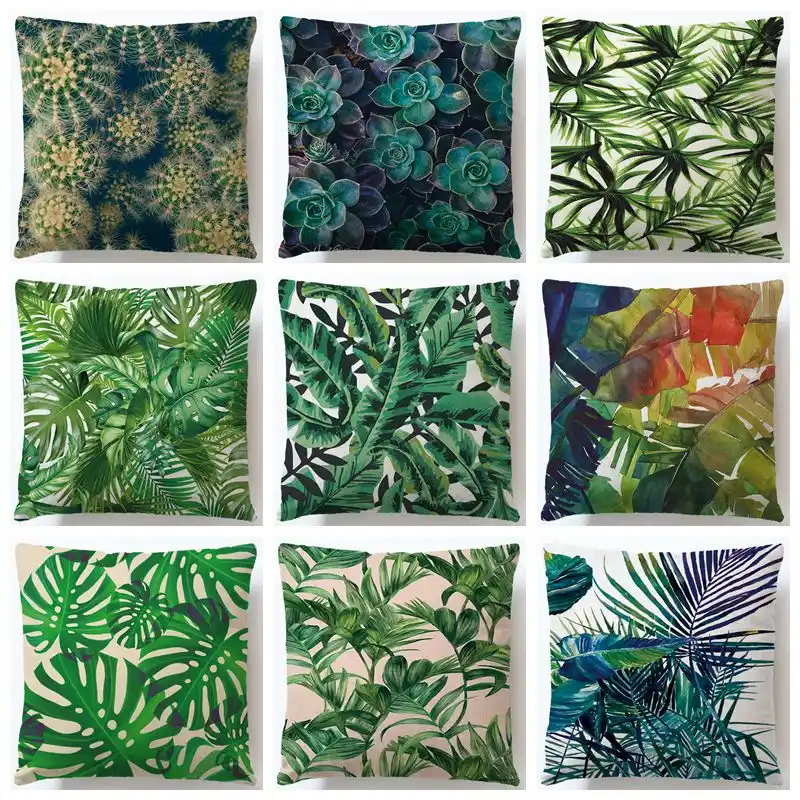 Tropical Plant Printed Cushion Cover Green Leaves Linen Throw Pillow Case Decor