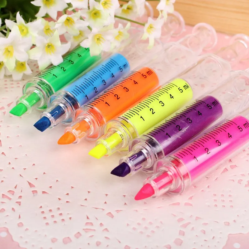 

6pcs per lot Cute Novelty Nurse Needle Syringe Shaped Highlighter Marker Pen student kids funny Stationery School Supplies toys