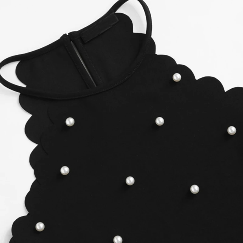 Plegie сексуальные женские комплекты из двух частей летние женские черные без рукавов с жемчужинами и бисером Scalloped Холтер Топ юбка комплект
