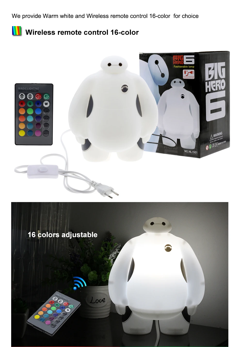 Большой Герой 6 светодиодный ночник BayMax лампы AC220V RGB/теплый белый детский подарок Спальня украшения дома Новинка освещение