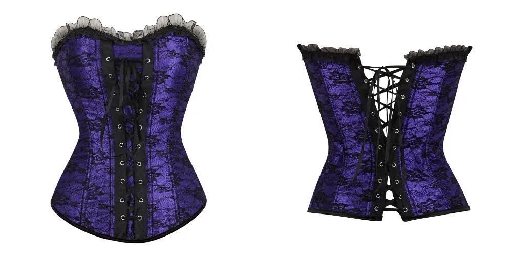 Women's Lace Cover Overbust Corset Lace Up Boned Lingerie Zipper Side Carnival Waist and Body Shaper Bustier Plus Size