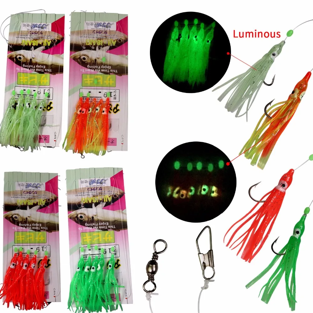 12 Packs Glow Soft Squid Skirt Lure Sabiki Rigs Luminous Octopus Fishing Bait Rigs With Swivels