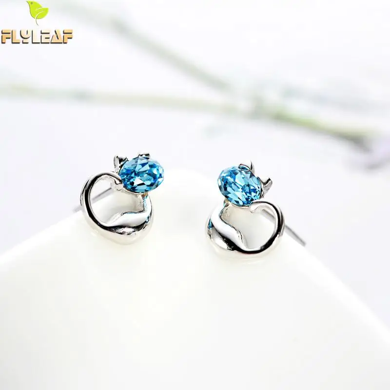 

Flyleaf 100% 925 Sterling Silver Blue Crystal Cute Cat Stud Earrings For Women Personality Girl Gift Jewelry