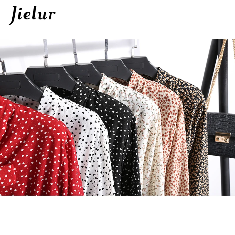Jielur Long Sleeve Dress Women Spring Autumn Floral Print Chiffon Vestidos Mujer 2018 Vintage Bowtie Ruffles White Dress Elegant