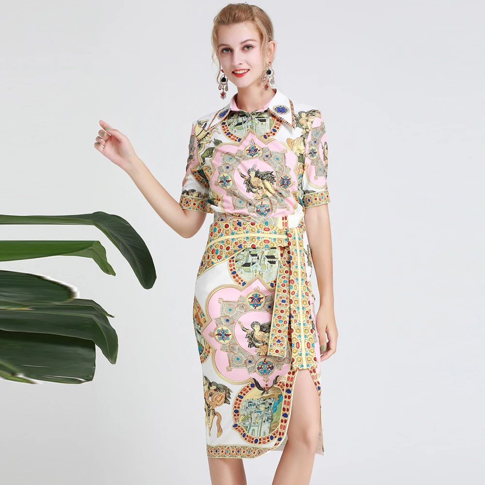 

Red RoosaRosee Designer Runway Women Two Piece Set Vintage Print Short Sleeve Diamonds Shirt Tops Sexy Split Skirt Suit Twinset