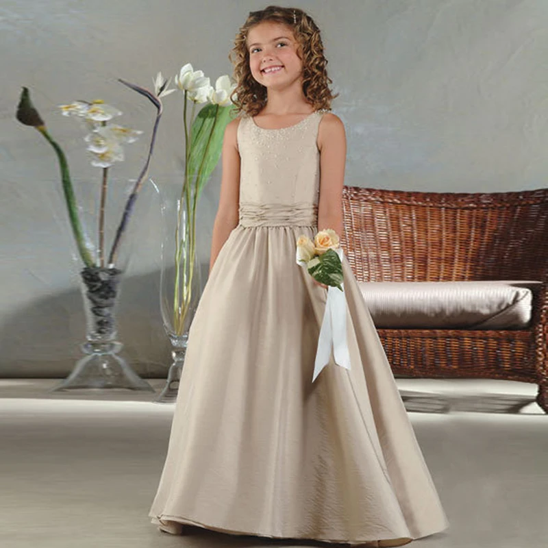 

New vintageHot Sale khaki Satin Flower girls Dress bow For Wedding A-Line Round-neck Floor- Length party gown