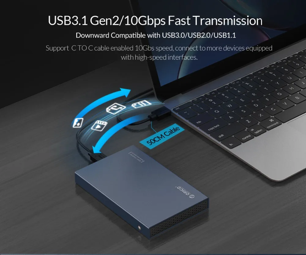 Чехол для жесткого диска ORICO из алюминиевого сплава USB3.1 Gen2 2,5 ''type-C с поддержкой 7 мм и 9,5 мм с кабелем 50 см C-C