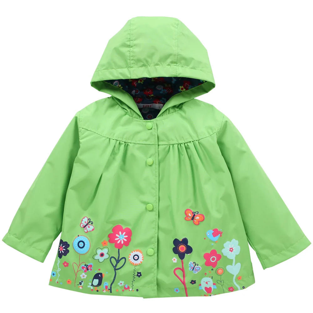 Куртки для девочек, пальто, Весенняя детская водонепроницаемая куртка-дождевик, детская одежда, осенние пальто с цветочным принтом, верхняя одежда для девочек, ветровка - Цвет: Green