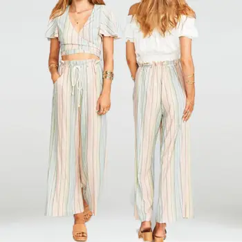 

Multicolor Women Wide Leg Striped Trousers Bandage Fashion New Brand Pants Bottom
