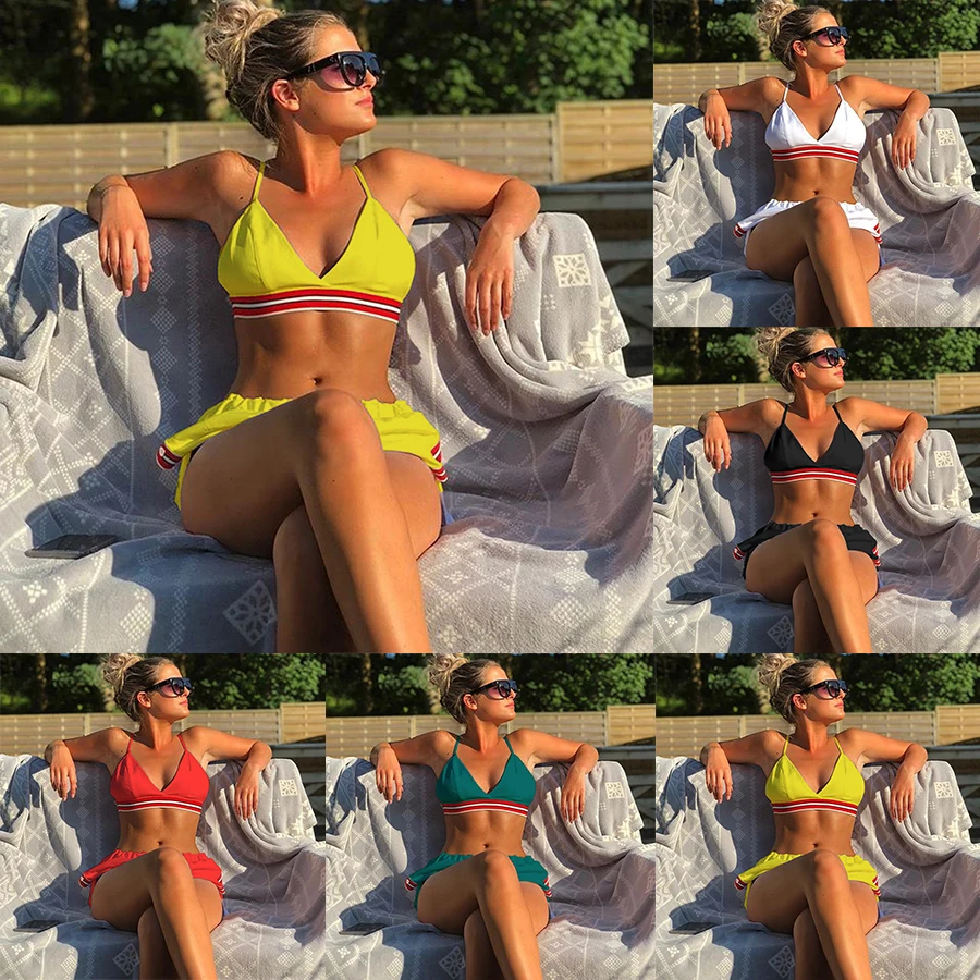 

Sport Striped Bikini Push Up High Waist Swimwear Women 2019 Triangle Bandage 2 Pieces Bikini Set Bathing Suit Swimsuit Beachwear
