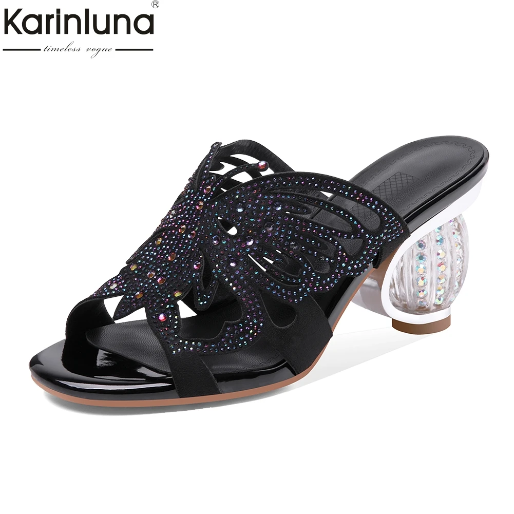 

luxury brand genuine leather mules women 2019 summer fashion crystal mules elegant party women high heels shoes woman